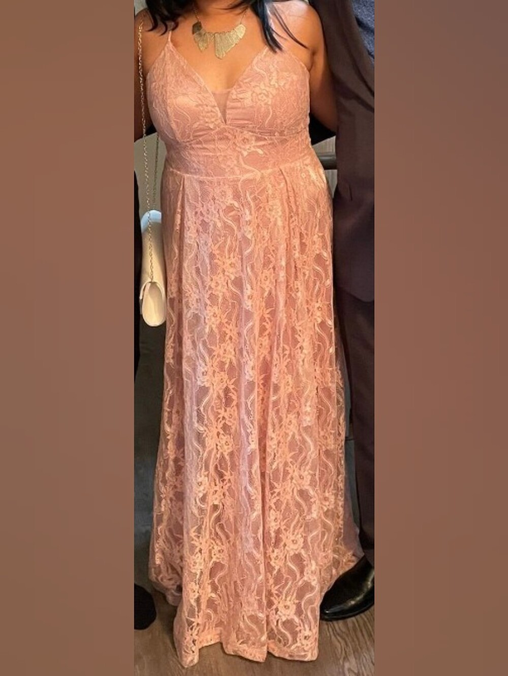 Le Chateau Elegant Blush Lace Maxi Dress with Delicate Straps